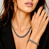 ELIF silver-plated Byzantine mesh necklace and matching bracelet on model